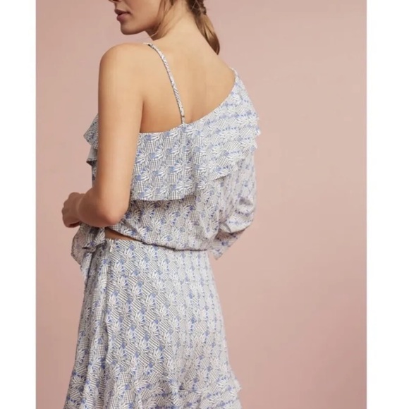 Maeve by Anthropologie one shoulder, blue pineapple, ruffle sleeve crop top - Picture 2 of 5